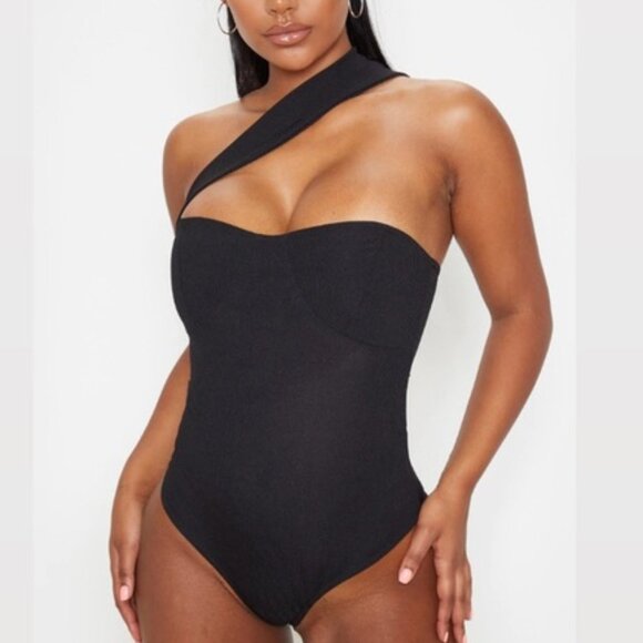 NWT PrettyLittleThing Women's Chocolate Rib Cross Body Strap Bodysuit - Picture 1 of 4